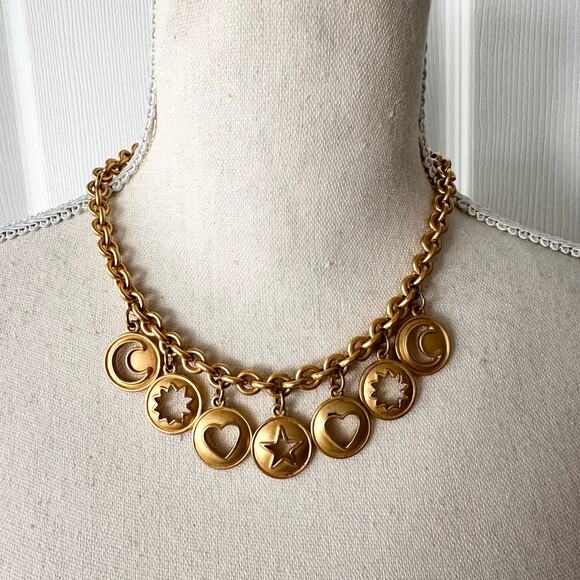 Anne Klein Vintage 80s Gold Tone Celestial Carved Medallion Charm Necklace RARE